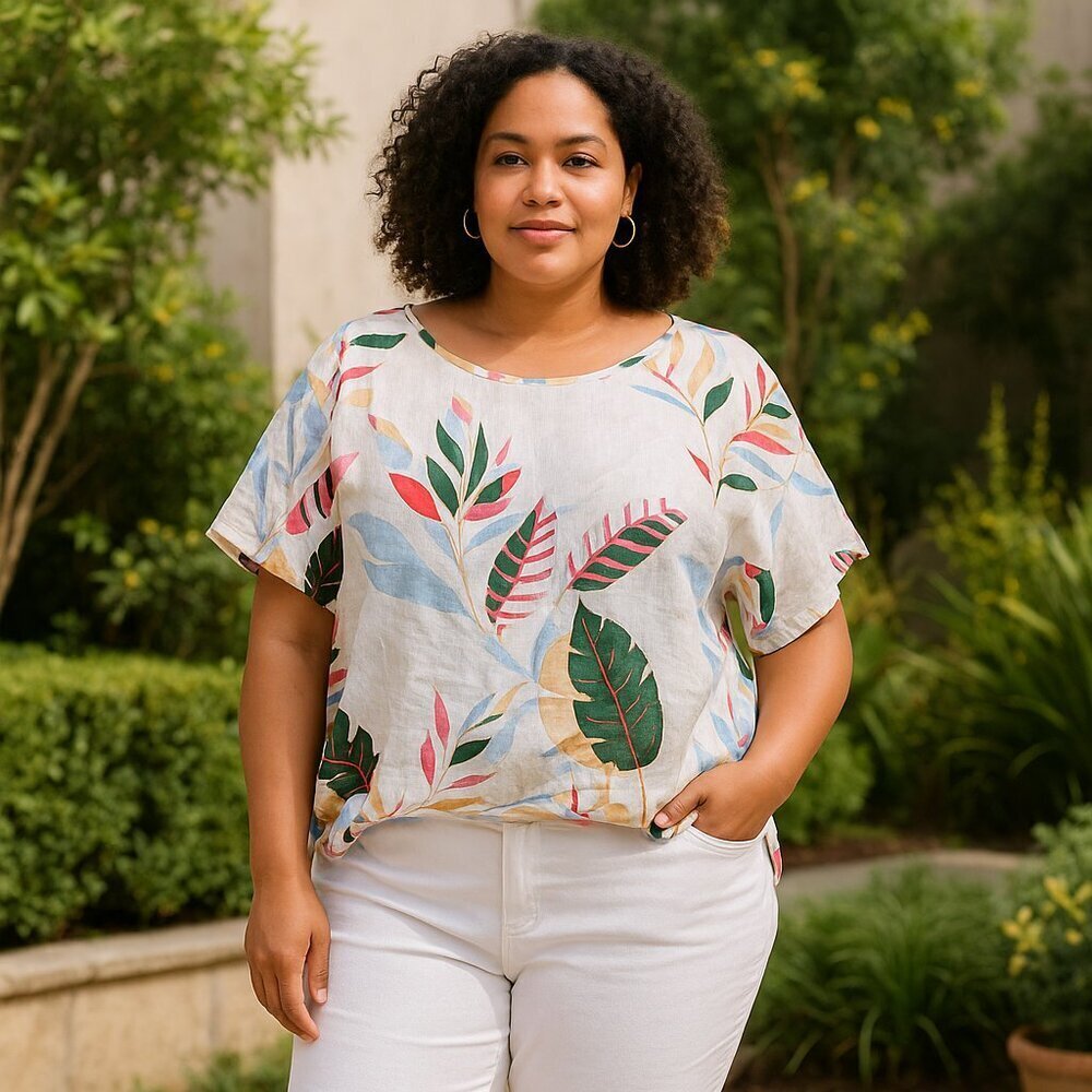Cynthia Rowley Plus 3X Linen Blouse Top White Floral Leaf Print Tunic - Picture 1 of 8